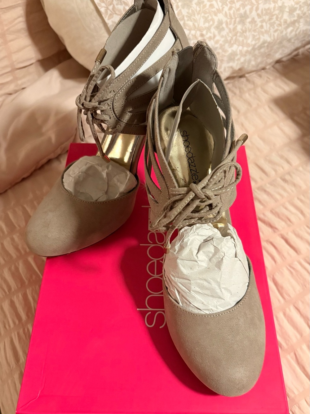 Shoe Dazzle Taupe Lace-Up Heels with Gold Accent
